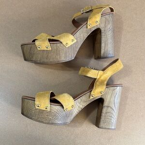 Vintage Y2K ALDO Mustard Suede Chunky Wood Platform Heels 70s Indie Sleaze US 10